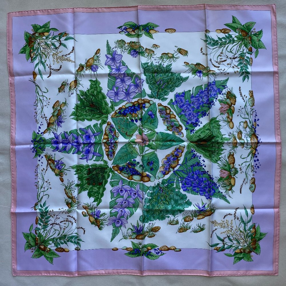 Hermes New with Box 34 Inch Square Silk Scarf, Pink, Lavender, and Green Floral